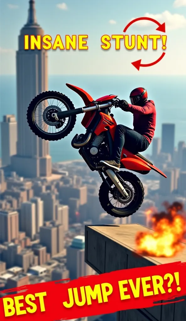 A high-speed action shot from GTA V featuring a motorcycle mid-air during a crazy stunt jump. The background shows a massive ramp, a city skyline, or an insane jump off a skyscraper. The bike is tilted for a dramatic effect, with motion blur to emphasize s...