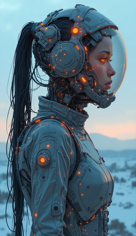 futuristic girl in a highly transparent spacesuit with futuristic lights,the spacesuit emits colorful light、Light like a thin neon tube、light diffusely reflected on the helmet visor、 SF Digital Art illustration, SF Digital Art , Science Fiction Digital Ar...