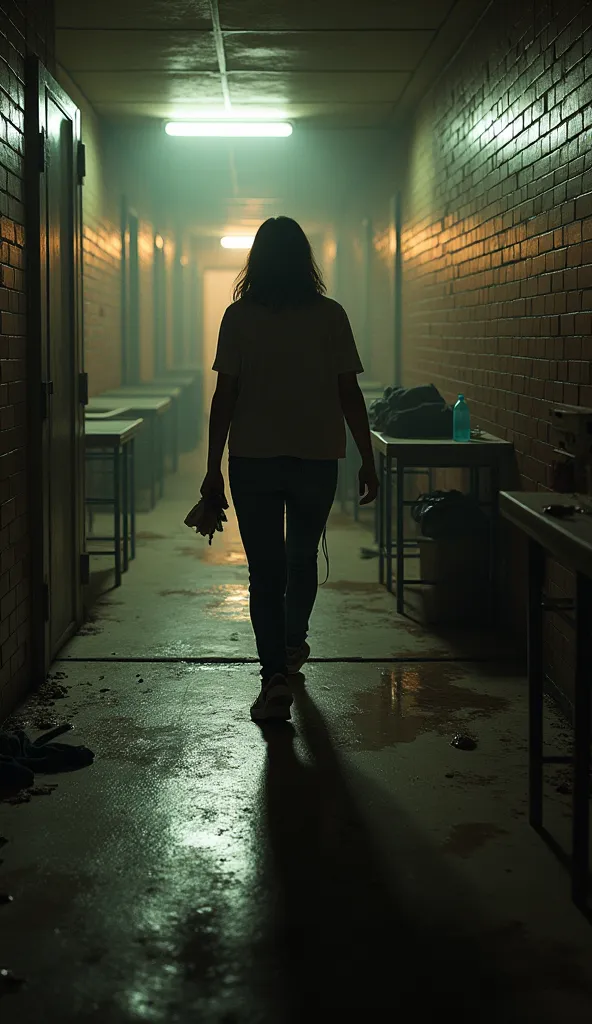 "A hyper-realistic first-person perspective (POV) scene where you are returning to the dorm after the 'Round 6 Games' have ended. The view captures your feet dragging slowly across a dirty, worn concrete floor, with traces of dried blood and blurred footpr...