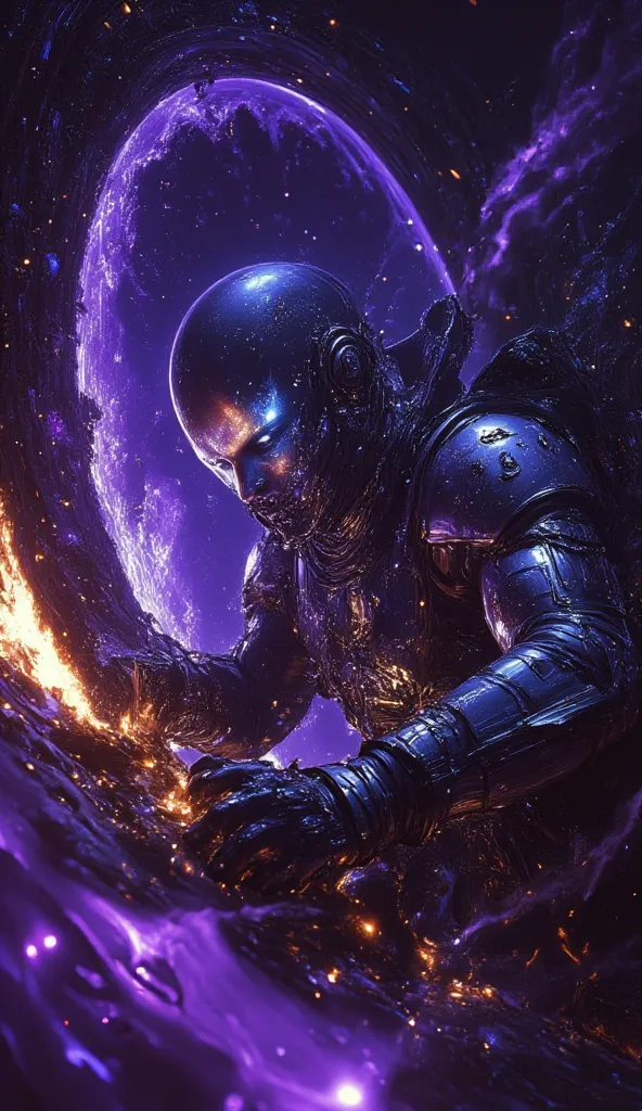 An astronaut with blue neon suit,  close shot sweating drops, fixing burning damaged part of the spaceship outside, neon orange fire, purple neon stars everywhere