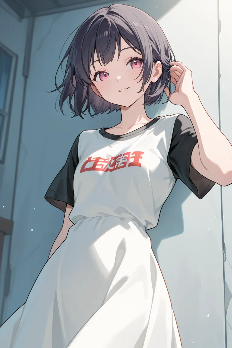 Anime girl. Short hair. T shirt. gile. Dress