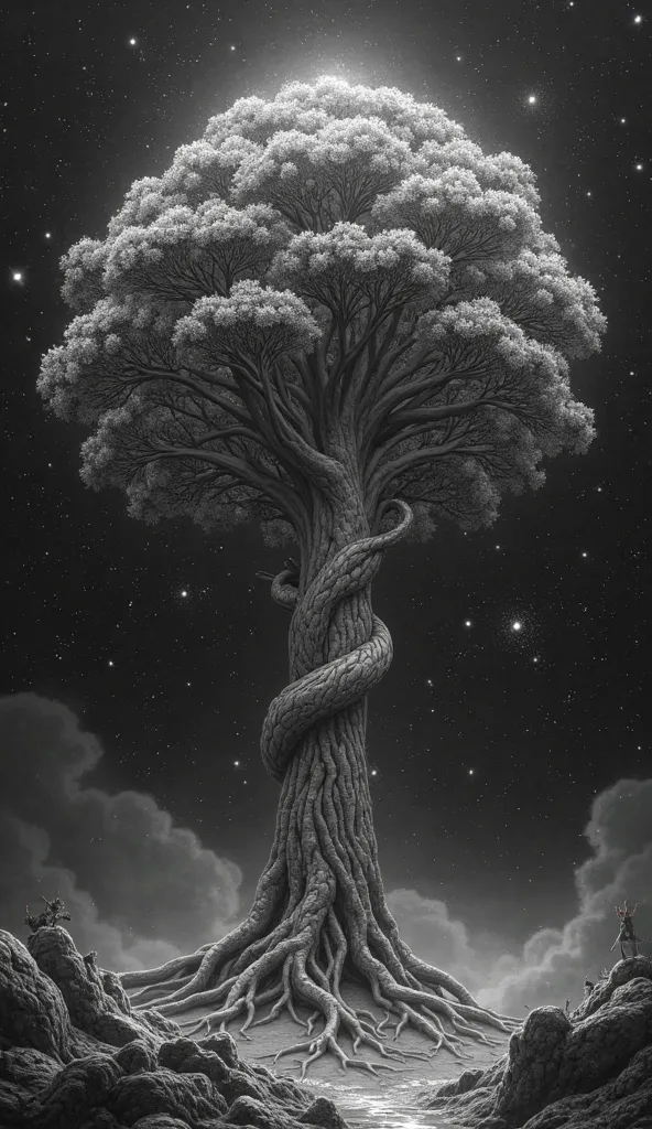 A gigantic, ancient tree growing in the middle of space, its branches forming constellations while roots stretch into the void, glowing softly, all in black-and-white.