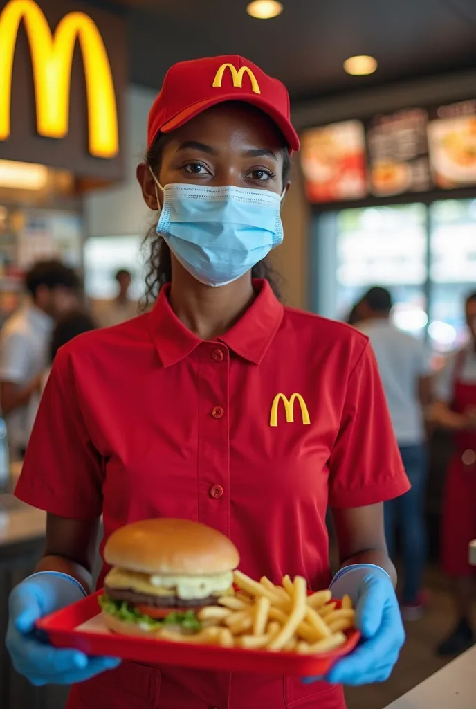 Realistic photo of a young African American female McDonald's cashier standing inside a McDonald's restaurant. She is wearing a red McDonald's uniform shirt with the McDonald's logo, along with a matching red cap that also features the McDonald's branding....