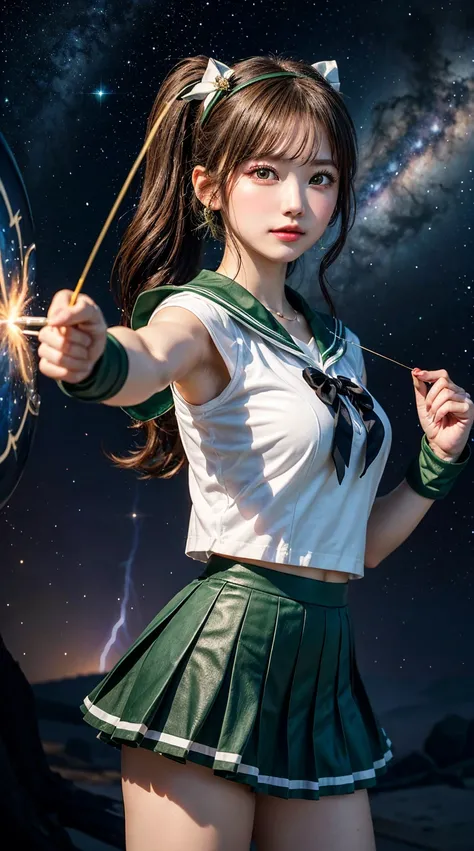 Big Breasts、excellent style、Long white leather gloves that go up to the elbow。There are two green rings on the elbow holding gloves。has a large pink ribbon on the chest and a three-dimensional gold heart pendant in the center。
"Sailor Jupiter, a cute high ...