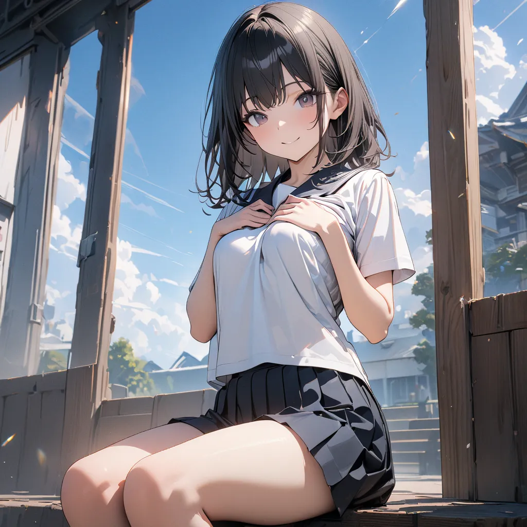 (best quality),(masterpiece),(very detailed),(8k),(32K),(perfect anatomy),(perfect hands with full nudity),(one girl)、dark eyes、Short Black Hair、smile、small breasts、School Physical Education Uniforms、 Black Bloomer ,thighs、blue sky、, place your hands on yo...