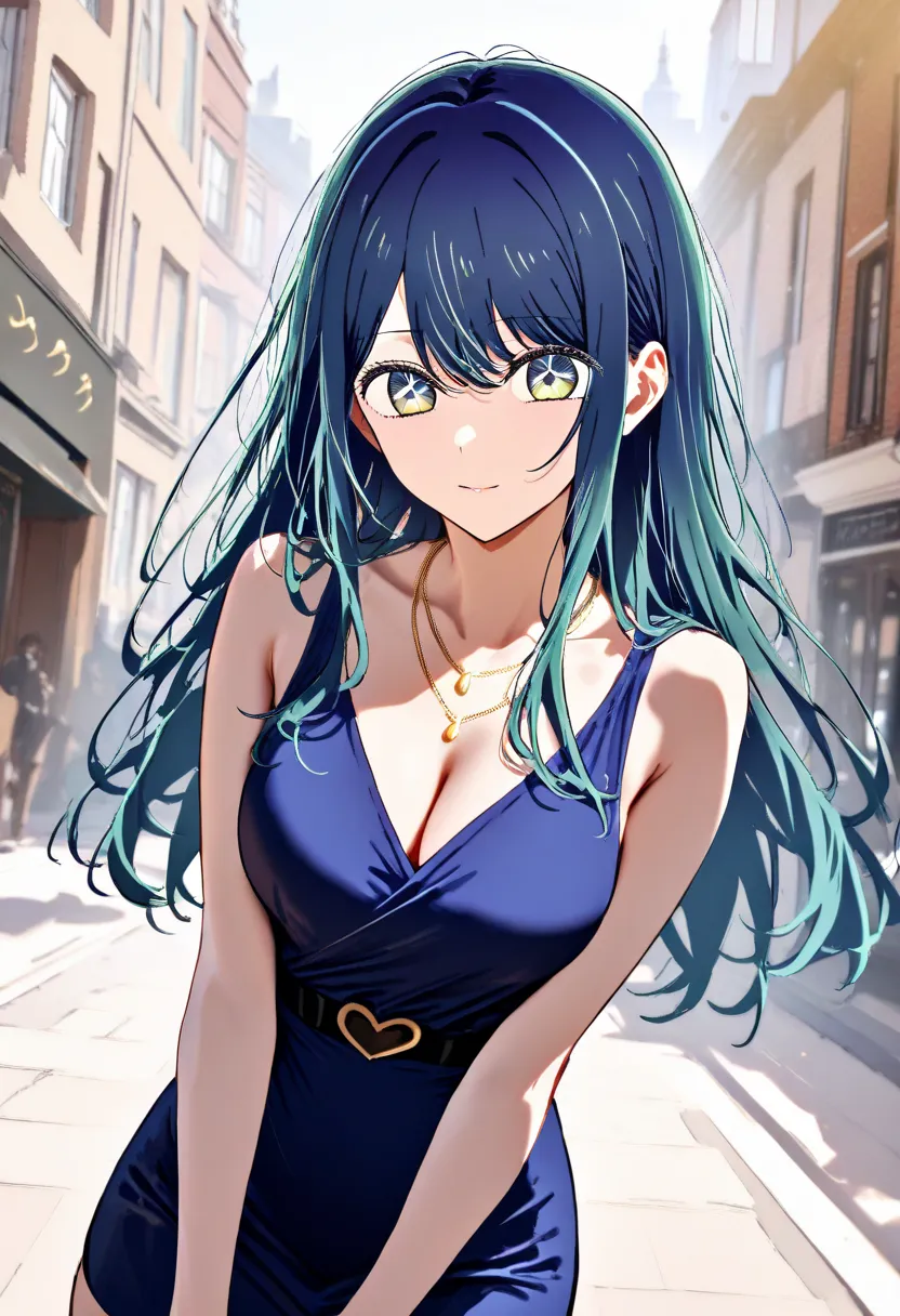 1girl, kurokawa akane, oshi no ko,deep blue dress, form-fitting mini dress,V-neck,wrap-style top,black belt with a gold buckle,gold necklace,cleavage, sensitive,solo, london street,front shot, perfect hands, perfect face, masterpiece, high score, great sco...