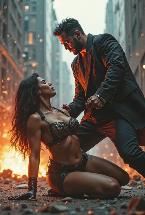 a superheroine fighting a supervillain, detailed facial features and expressions, super villain is punching heroine in belly, dynamic poses, intense action, epic battle scene, dramatic lighting, cinematic atmosphere, gritty urban environment, towering skys...