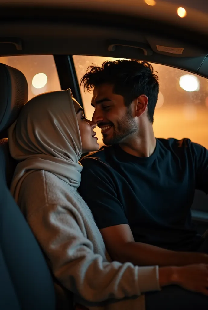 A young couple sits in a parked car at night, the dim glow of streetlights casting a soft ambiance inside. The woman, wearing a light-colored hijab and a cozy sweater, leans in close, her eyes locked onto her partner’s with warmth and desire. The man, dres...