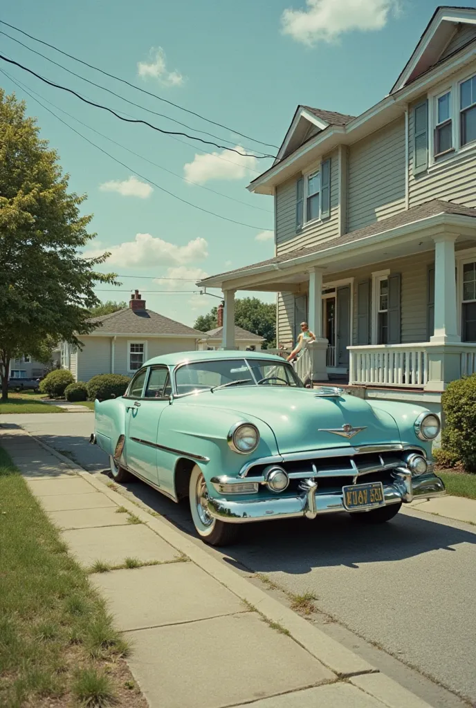 1. United States, Rhode Island, Moon City, 1954. 2. A residence, 1954. 3. A light blue car, neatly parked, on the sidewalk in front of the residence's driveway, close-up of the car, panoramic view, 1954. 4. Summer, noon, 1954. 5. Vintage retro photo, taken...