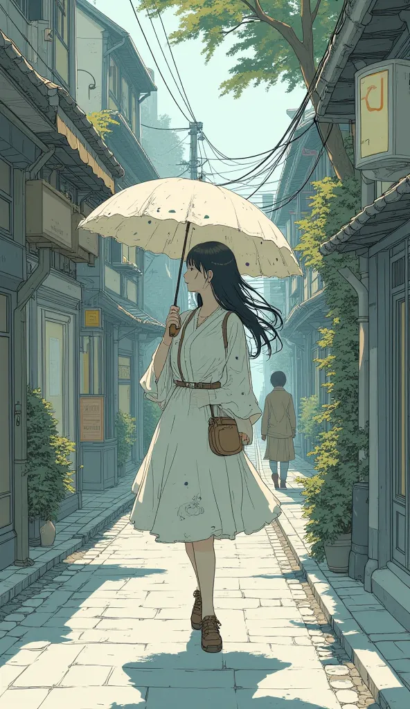 傘を持って通りを歩く女性のanimeシーン, Hayao Miyazaki's Concept Art ,  pixiv contest winning work , conceptual art, トレンドのanimeアートwork, intermediate shot. by Miyazaki Hayao ,  wonderful Miyazaki , トレンドのanimeアート, anime　 Spectacular Artwork, きれいで詳細なanimeアート, animeスタイルのアート, s...