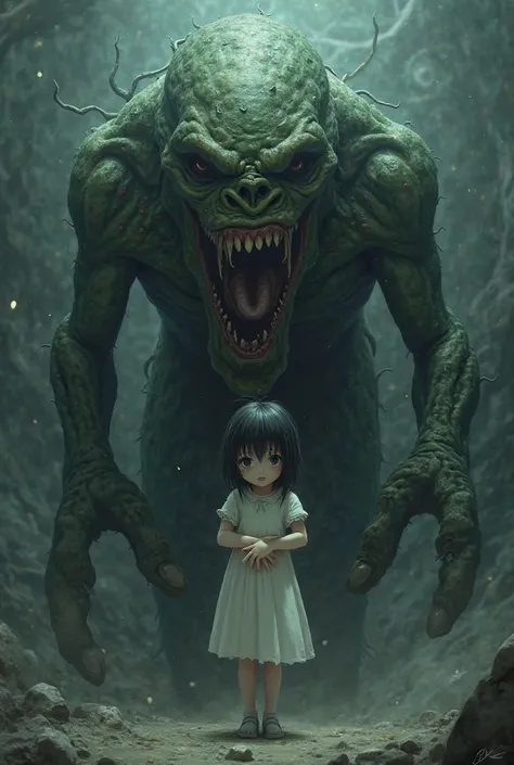 a niga monster is kissing a little anime girl