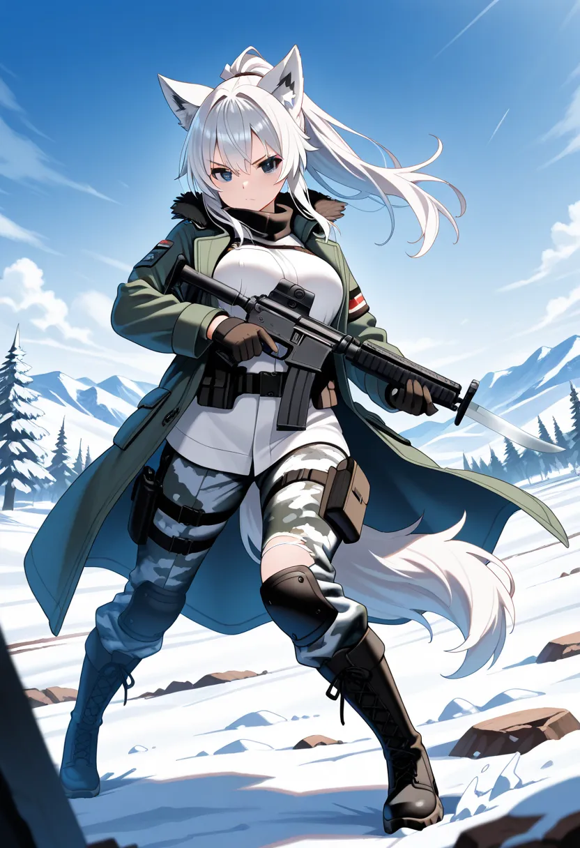 (masterpiece, best quality),source_anime,fierce and determined young female soldier with silver hair tied in a high ponytail, standing in a snowy battlefield. She has sharp wolf ears and a wolf-tail. Her eyes reflect her unwavering spirit. She is clad in a...