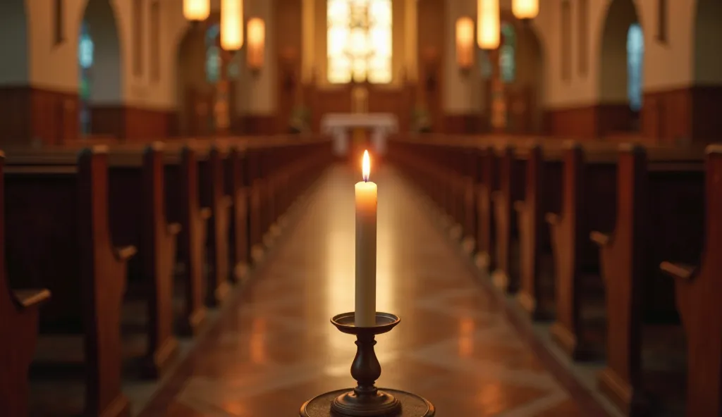 A peaceful church interior with wooden pews and a glowing altar. A single lit candle stands in the center, its flame steady and bright, symbolizing the comforting and strengthening presence of the Holy Spirit.