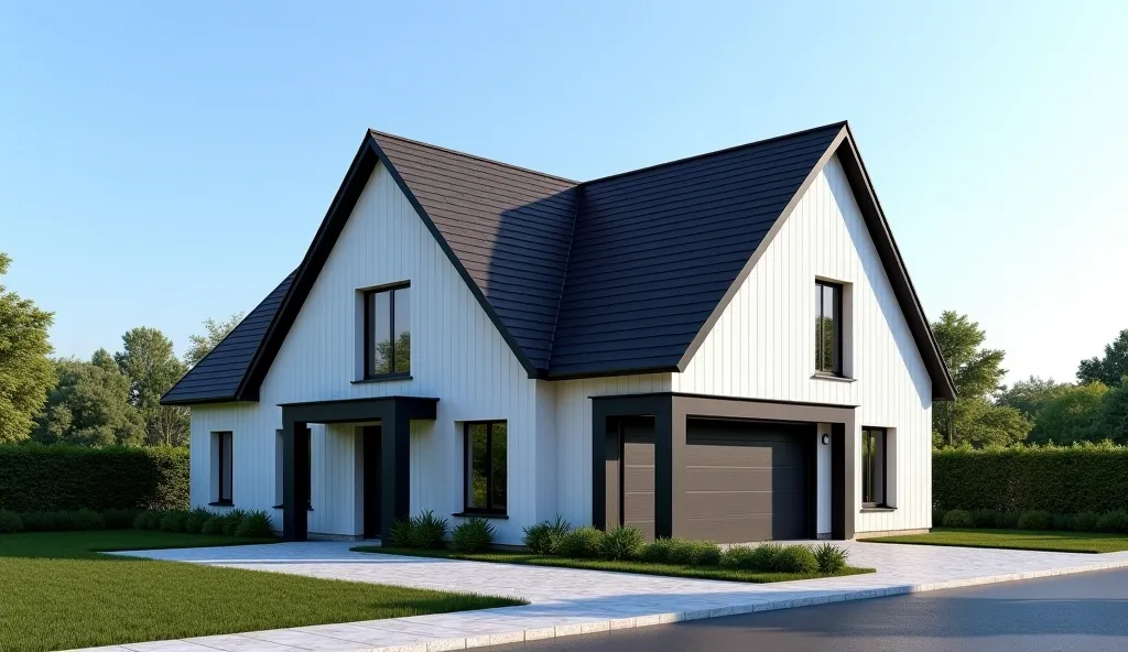 house, architecture, modern cubes , sloping roof in european style, black tile and white clapboard wall ,main facade, In front of the house there are paths and roads, the house is located in the city , blue sky  , ultra detailed, Absolute resolution, Maste...