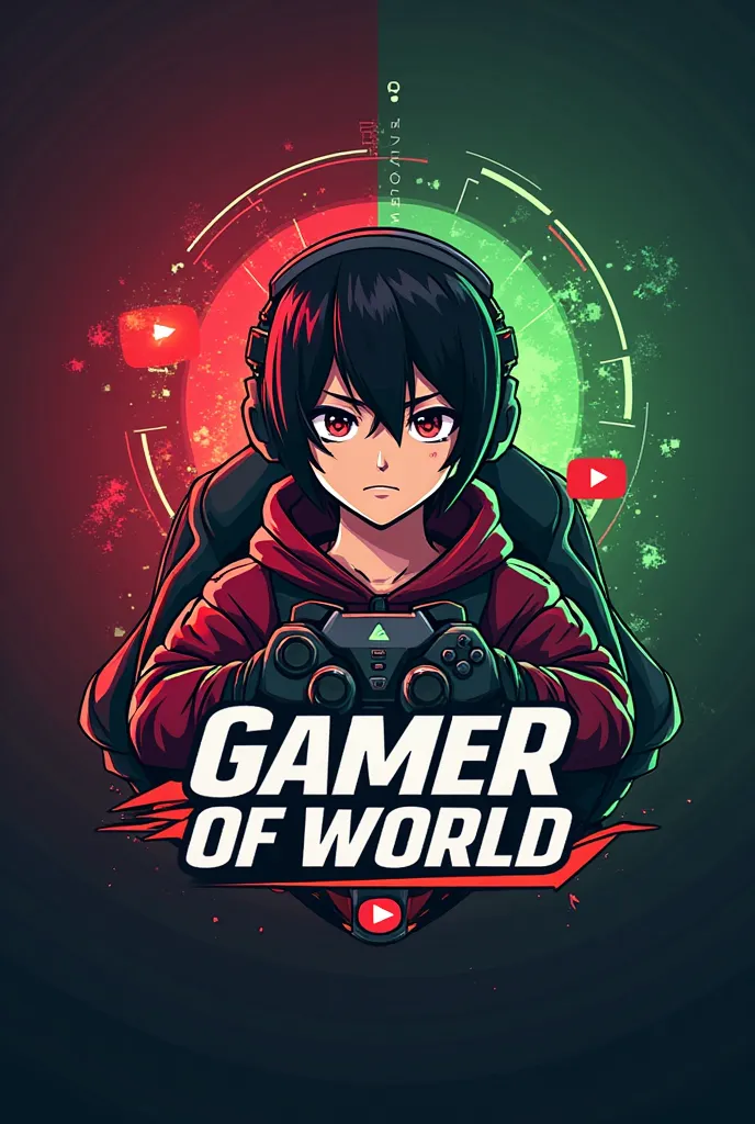 This is gaming logo that features the name 'Gamer Of World' in a futuristic front and red and green colour and boy anime avtar, The logo also has  a stylized controller icon and a YouTube paly button in the background . The logo is designed to be attractiv...