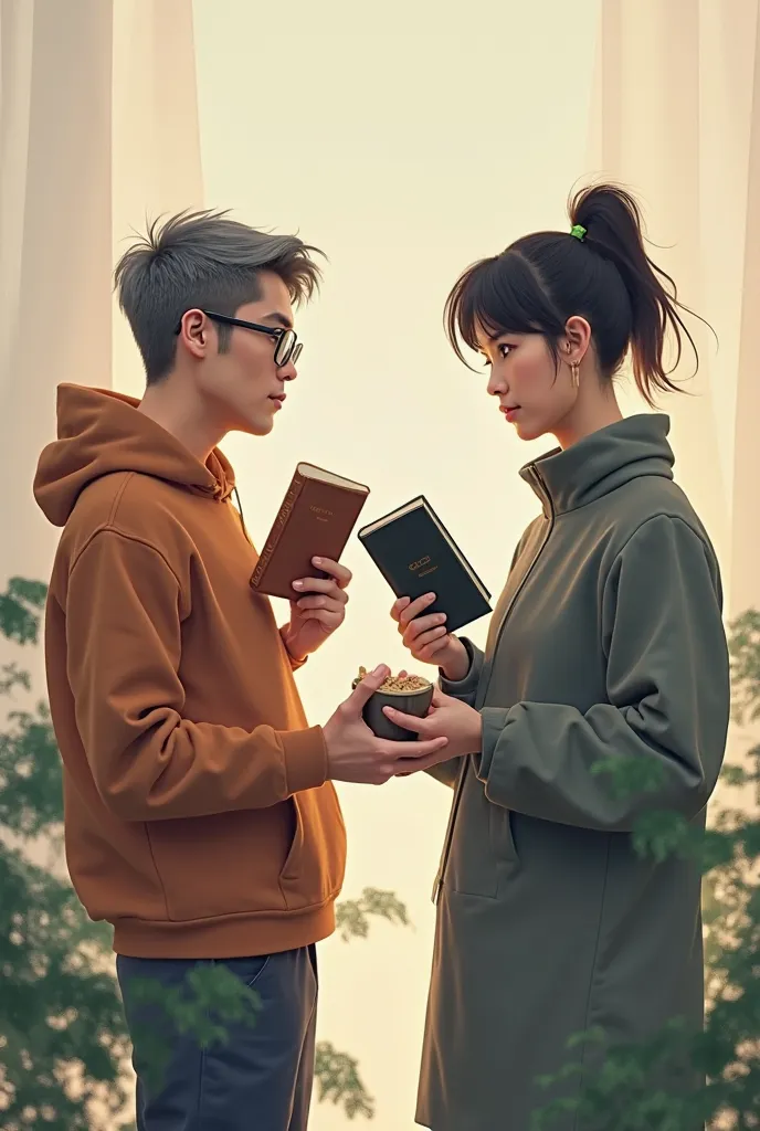 Two people staring at each other and one holding a book in his hand and another book in his high hand in such a way that he shows the two types of books to the other person 