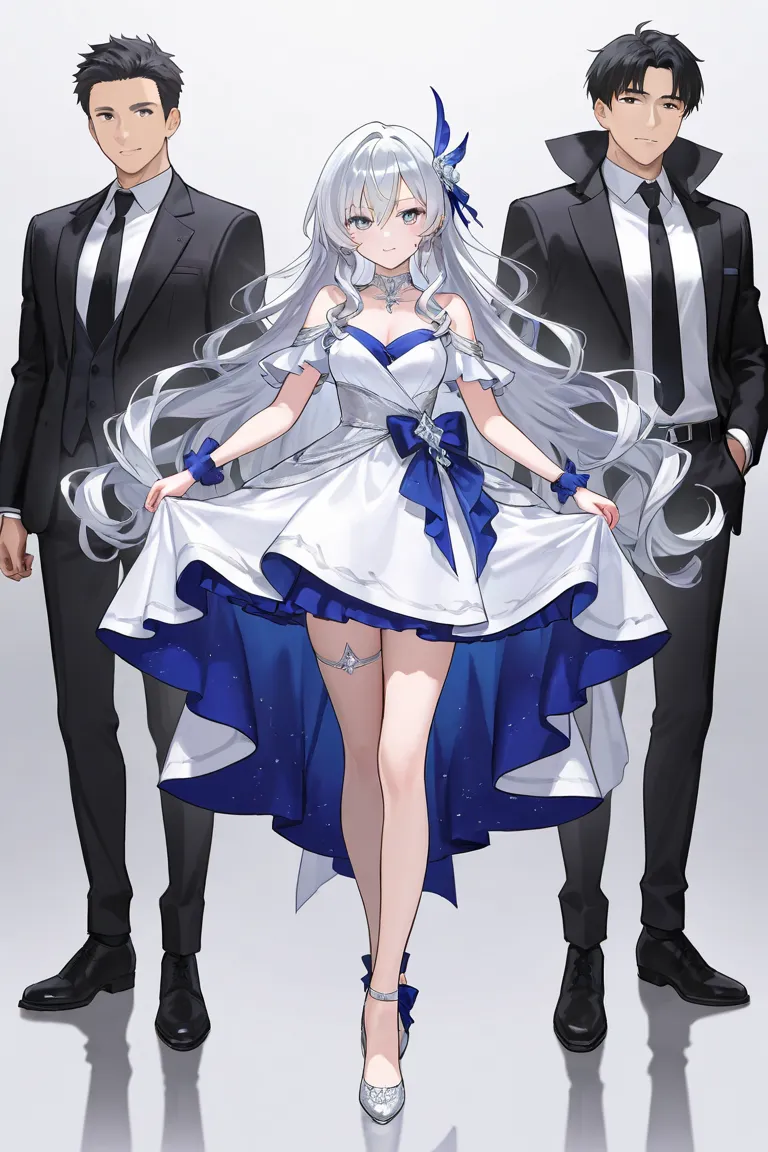 full body、A girl and two guys with long wavy silver hair