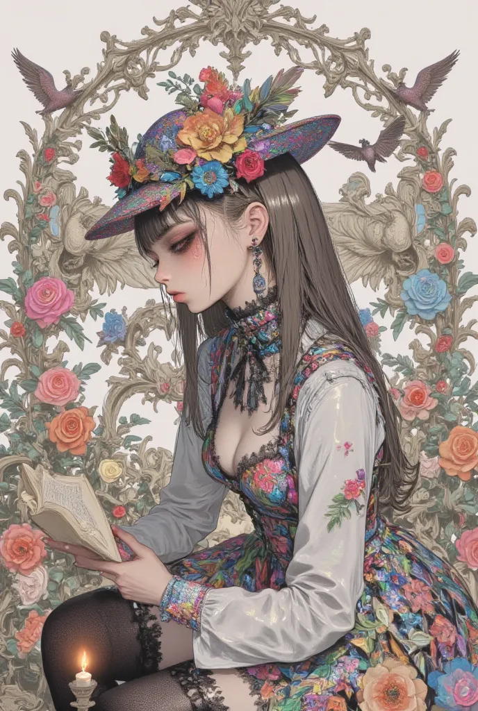 American comic style, illustration, girl, Gothic & Lolita, Lolita, dress, flower hat, daughter, lady, (Angels flying), the worldview of Western art, Read a book, A screen full of flowers, classic dress, flower dress, candle, cute, high detail, Dark express...