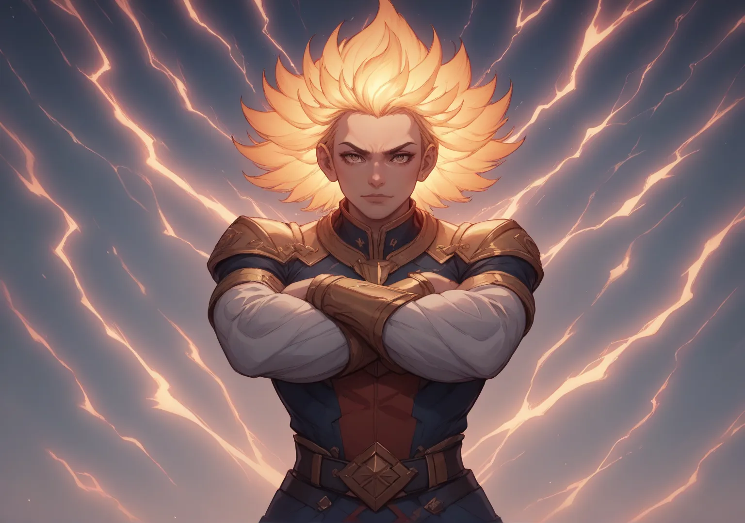 :Rebellious Anime Hero Standing with Arms Crossed、a glowing aura around him、Resolute Laughter、Lightning Crackling in the Background、anime style、A powerful presence。