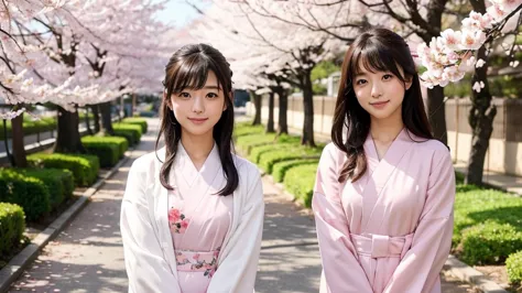 A beautiful Japanese high school girl who has grown up、((One person))、Current students welcoming spring、In love、looks impatiently waiting for the new year under a row of cherry blossom trees with an expression mixed with anticipation and anxiety