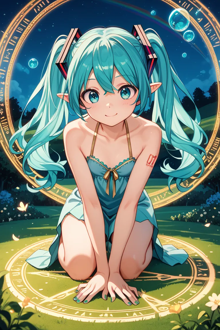 (best quality),(masterpiece),8k,high resolution, (ultra-detailed), (kawaii), cute, (lovely) , Alone , girl , Hatsune Miku ,  turquoise hair  , twintails  , create a perfect body line , draw an anatomically accurate picture , Hot body , exact finger , red 0...