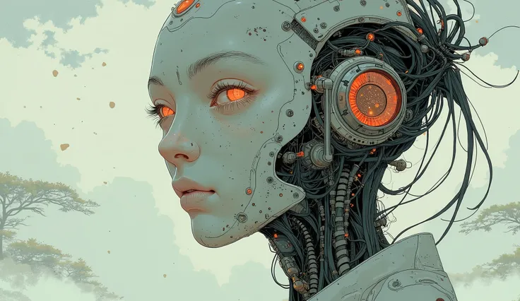 Enlarged view of a robot depicted on the cover of a magazine, Characters from the , Humanoid robot with abnormally long back of head、shaped like a drop of water、large red oval sensor crystal on the forehead、Head imitating a beautiful woman's face、Moevius s...