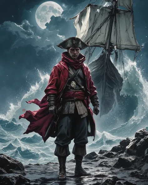 A lone pirate, clad in rugged leather armor with a tattered red sash, stands on a rocky shore, staring at a massive wooden pirate ship battling the raging sea. Towering waves crash against the ship as a violent storm rages, with lightning illuminating the ...