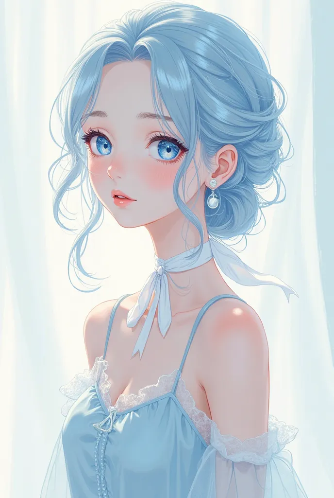 in anime manga style ,  A woman with very white skin,  light blue eyes, Light blue hair tied up, serene look, is wearing a light blue dress with straps, She has a white ribbon tied around her neck, 