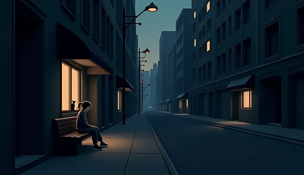 General Joint Plan, realistic cinema style (Street at dusk)
Description of the scene: Wide view of empty street at dusk, with the young woman sitting on the bench and the cat in the window.
Composition: Perfect symmetry of the street, with the protagonist ...