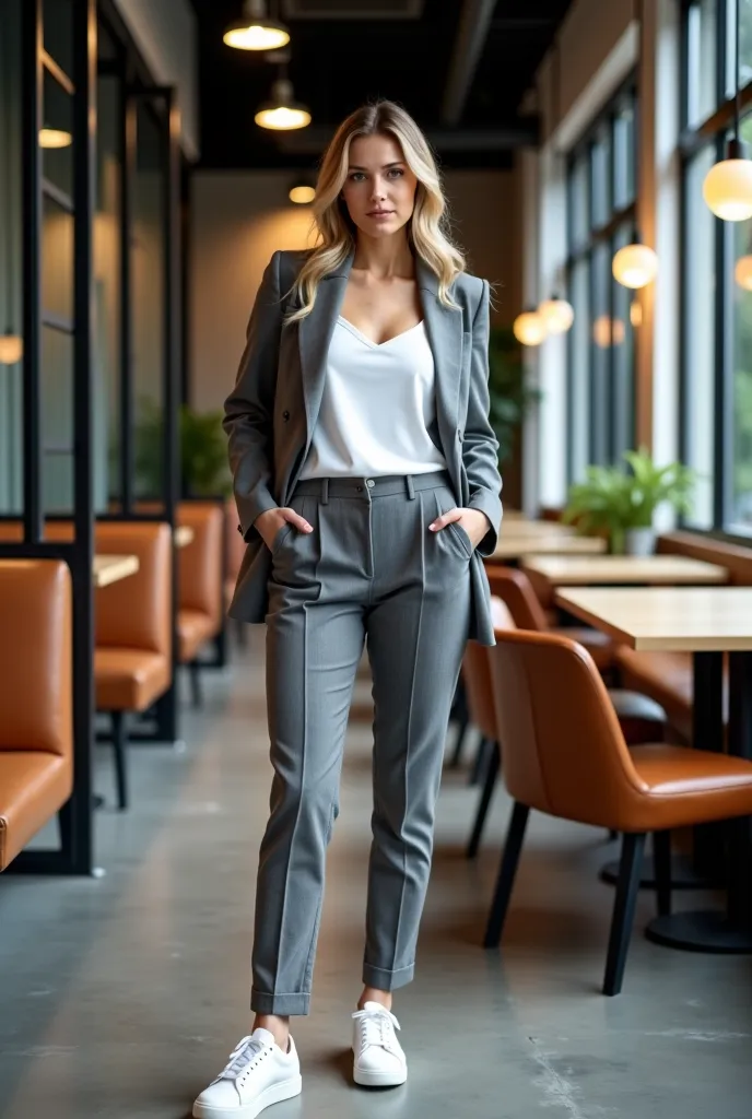 The image shows a 20-year-old Caucasian woman in a modern, stylish interior, in a coworking cafe area. The woman is wearing a grey business suit with a white top underneath, paired with white sneakers for a modern business casual look.

The interior featur...