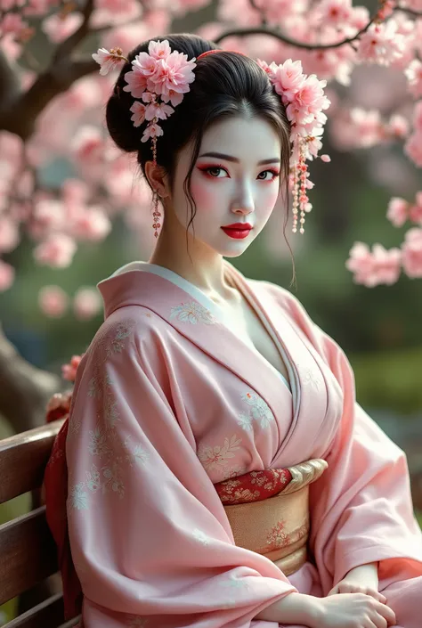 Very beautiful Japanese girl (makeup and image geisha) (perfect appearance, large breasts,) sitting in a pink kimono on a bench, in the garden blooming sakura, in a sexy position
