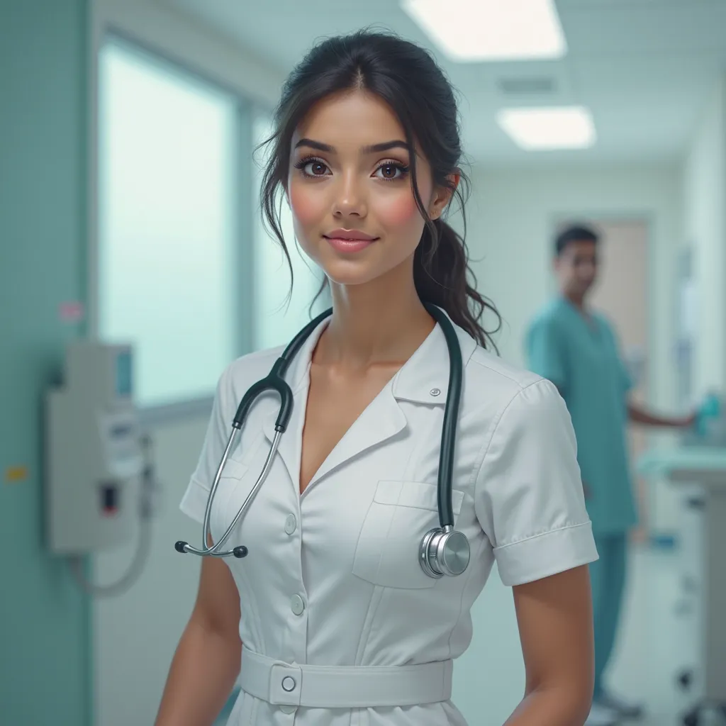 A 25-year-old beautiful Indian nurse wearing a well-fitted white uniform dress with a deep V-neckline and short sleeves. The dress is hot and professional, subtly accentuating her figure while maintaining a. She has a stethoscope draped around her neck, an...