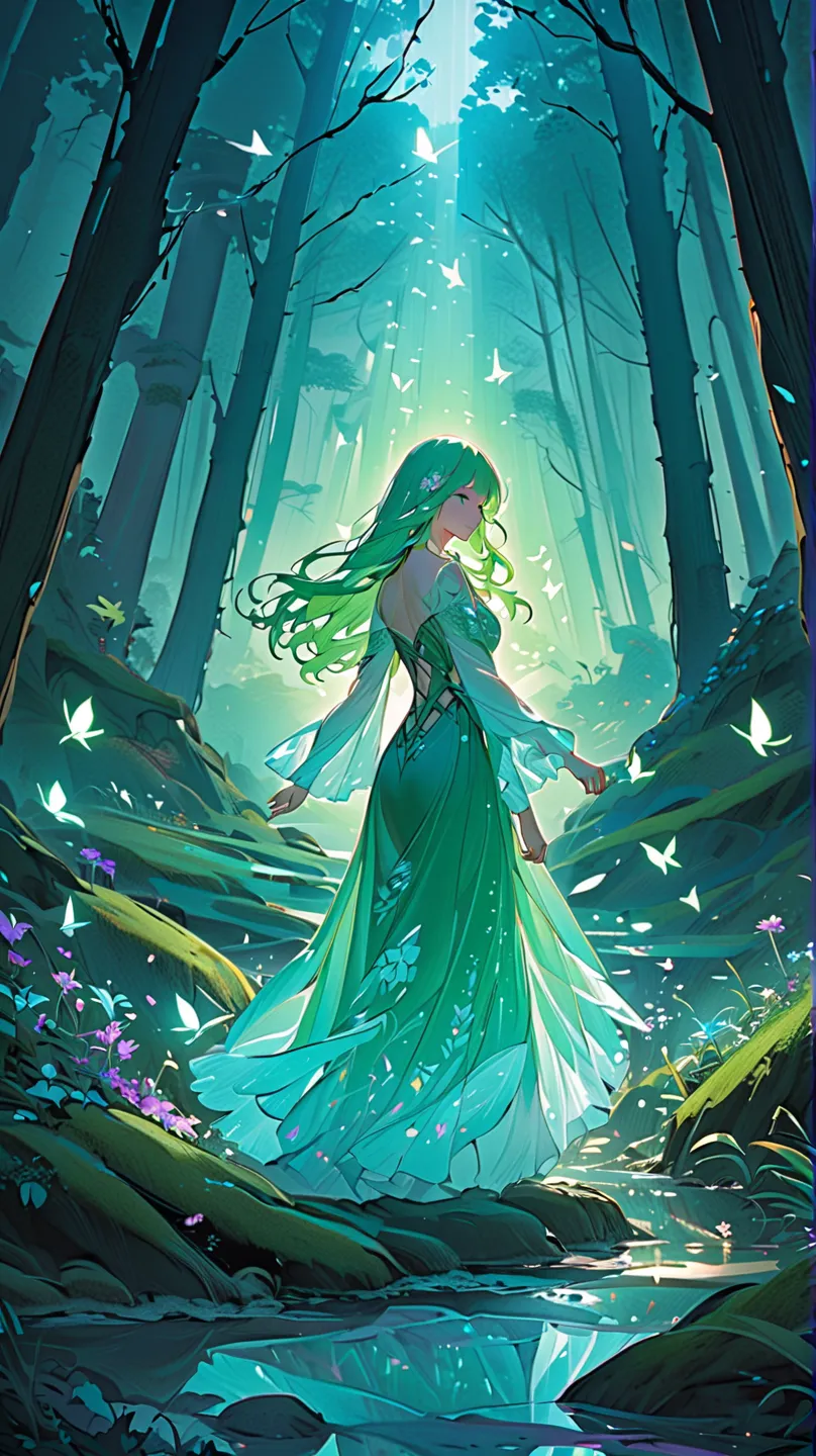 Beautiful illustration,
"A mysterious world woven by the mysteries of life and beautiful women" illustration prompt
Situation:

Deep in a fantastical forest before dawn. Stardust shines in the sky, and luminous plants and transparent puddles spread on the ...