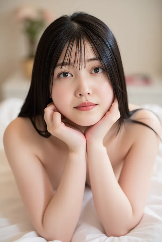 girl around her neck, solo, high definition, masterpiece, accurate, anatomically correct, top quality, high detail, high definition model, Ultra-fine, textured skin,  black hair, very big breasts, Very cute Japanese woman、 very beautiful Japanese women、Jap...