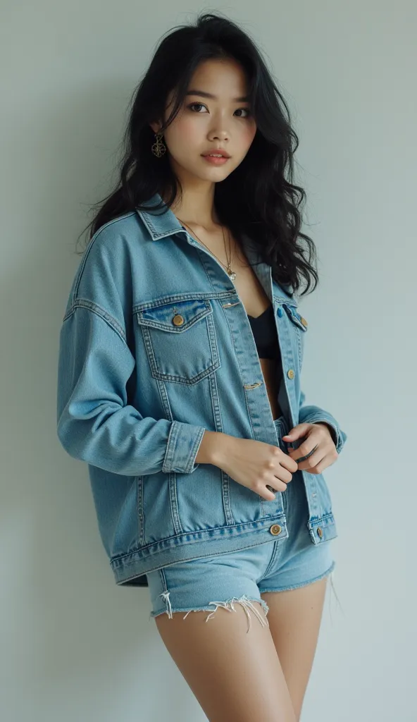  young woman thai with shoulder-length black hair, fair skin, wearing a denim jacket and shorts