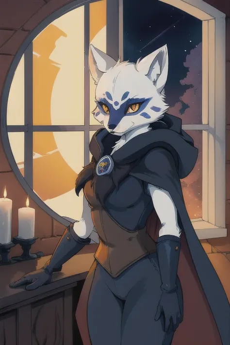 Alopex, arctic fox, furry, blue marks, tmnt, orange eyes, girl1, solo, cape, cloak, gloves, leather pants, best quality, masterpiece,, room, night, window, standing