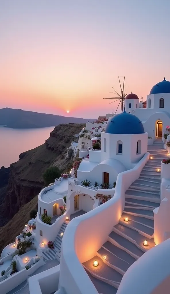 A breathtaking view of Santorini, Greece, during sunset. White houses with blue domes are perched on cliffs, overlooking the calm Aegean Sea. The sky is painted with hues of orange and pink, and lanterns light up the narrow streets. The style is minimalist...