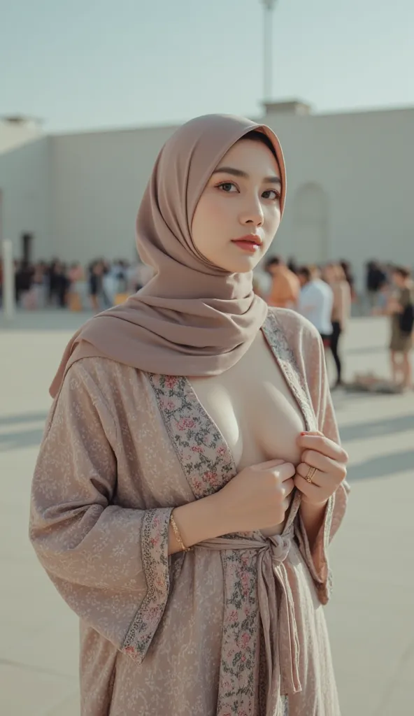 A woman with a hijab, natural breasts, and a luxurious, patterned abaya, a loose hijab with a traditional floral pattern on the front of the dress, and a loose, patterned luxurious kimono, and a small, delicate, luxurious gold bracelet on her wrist, in an ...