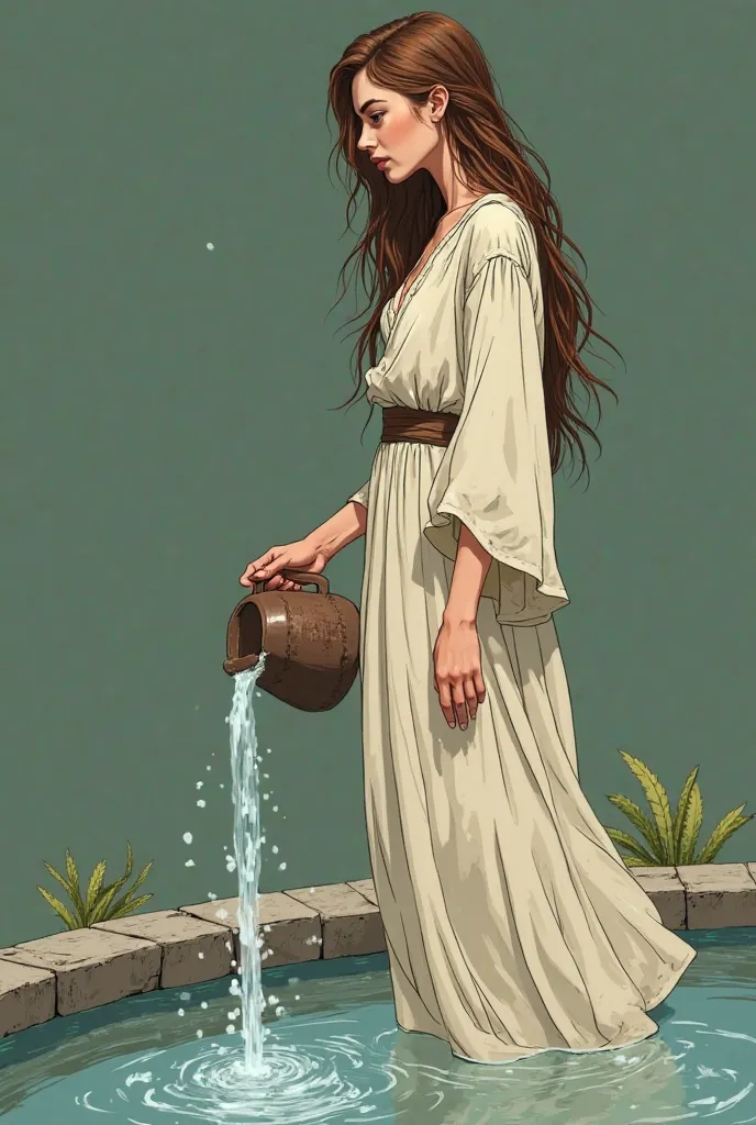 A young woman with gentle, but stands decisively at a fountain, her gaze focused on Jacob.  she is carrying a simple , but elegant robe, that underlines her beauty and grace. In her hand she holds a jug, which she is just scooping into the water.  green ba...