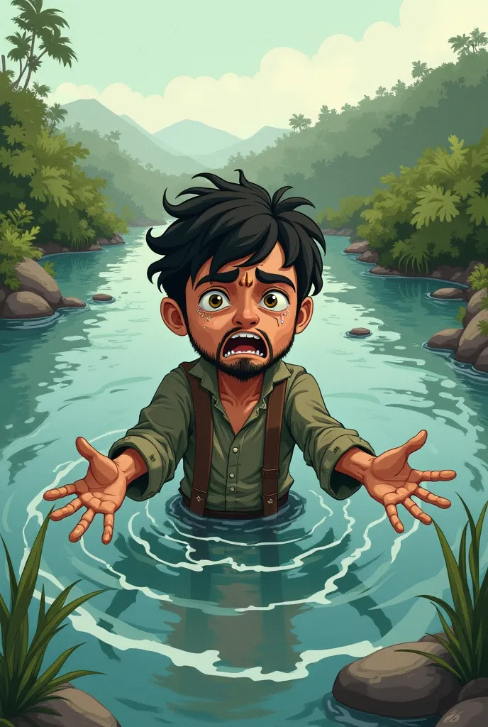 A man tearfully asks for water from other people while in the river. the picture is in a simple drawing style, like in ren's drawings.