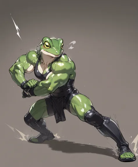 full body、 fight scene、high quality、Superb Details、simple background、frog、 muscles
