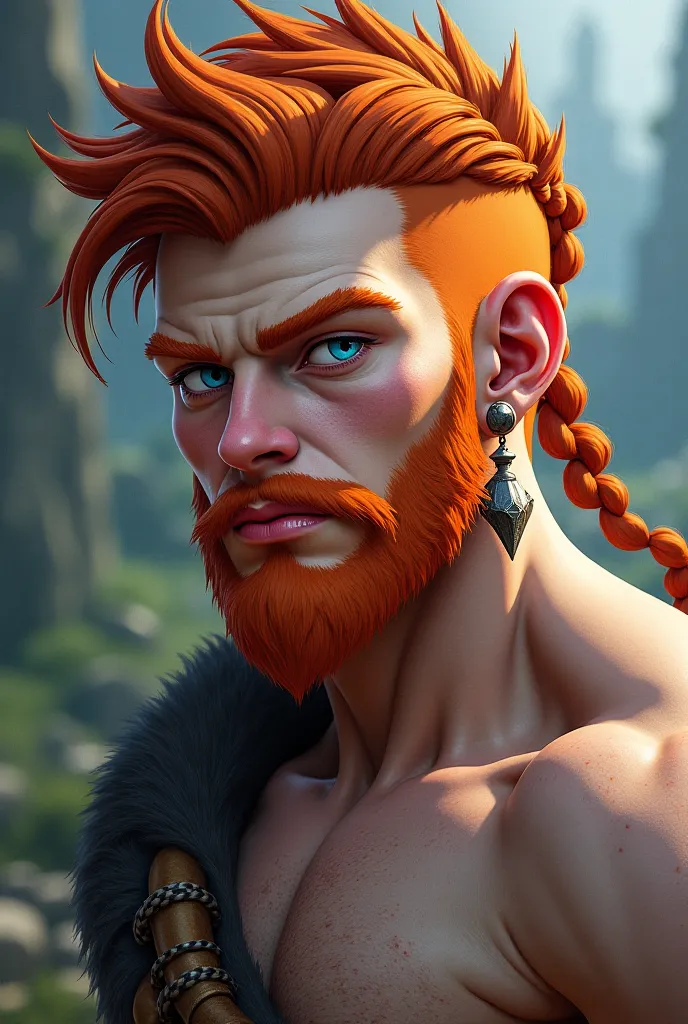 white skinned boy, redhead, sky blue eyes, muscular, He wears the hairstyle Ragnar's Braid and has a budding beard and he also wears an earring that is a fang 