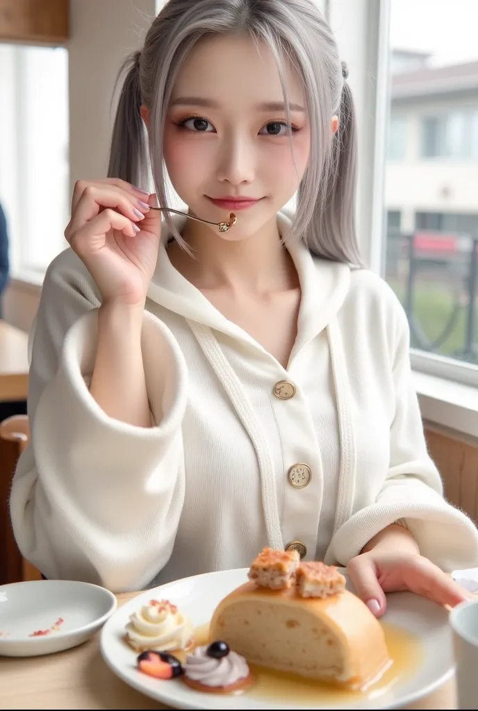 Japanese　　woman　　Cafe　(((twintails　silver hair in two beds))) 　healthy skin color　Rounded outline　gentle eyebrows 　round eyes　sagitales　 hoodie dress　Dub Dub　off-white　Moose Sleeve　eating cake　bust shot