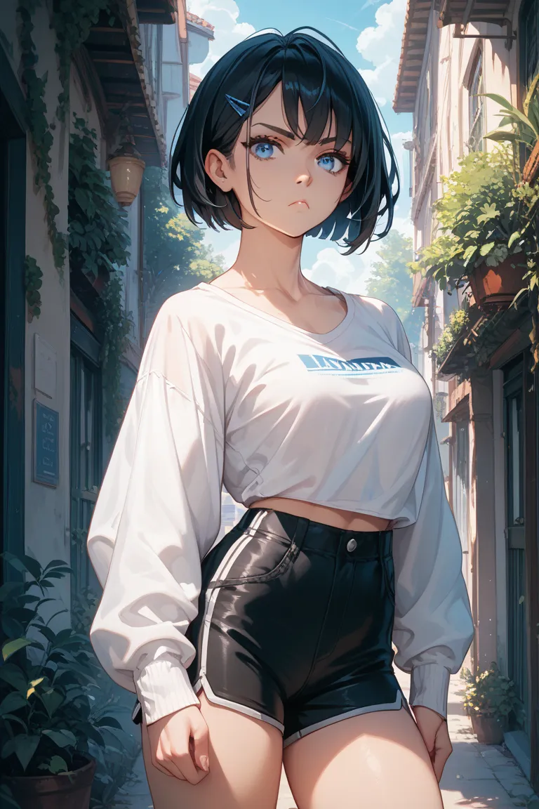 1A female character with short black hair, blue eyes Droopy eyes, wearing a white shirt and black shorts. A fit and toned woman, serious and energetic in her demeanor 