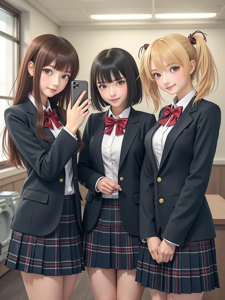  3 high school girls ,Everyone has a different type of face,each different hairstyle(long straight hair(brown),short hair(black),blonde twin tails),Gal High School Girl,Everyone in the same uniform(plaid pleated skirt,blouse,Ribbon tie,blazer from above th...