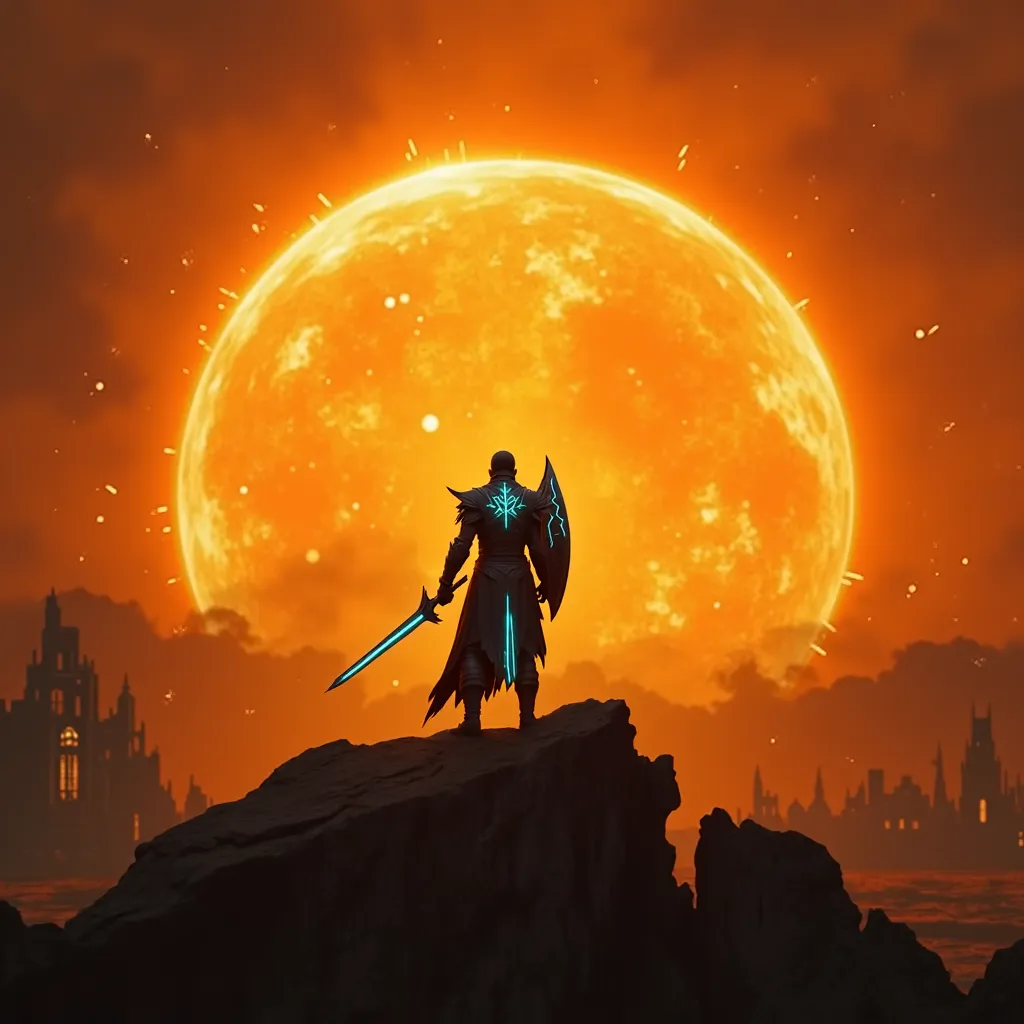 A lone, battle-hardened medieval warrior stands atop a jagged cliff, staring at a massive, glowing cyan sun that dominates the stormy sky. The sun radiates ethereal blue energy, swirling with electric arcs and pulsing plasma waves. The warrior is clad in d...