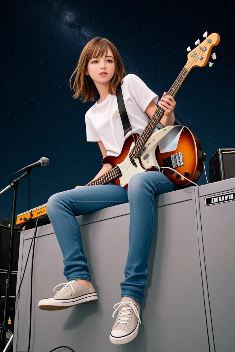 A small girl wears a white shirt and skinny jeans, sits on a bass guitar and flies through the sky