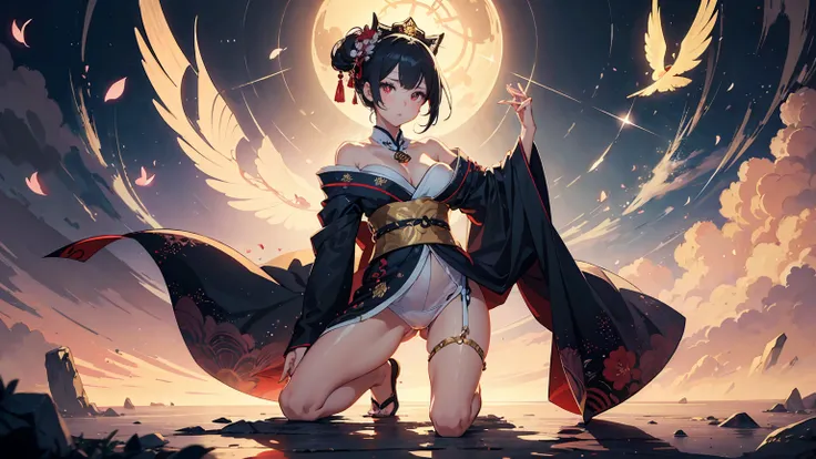 A presence that combines the elegance of、Full body illustration of a beautiful and sexy beauty。she wears a mystical aura、Ancient Gods々and the beauty of contemporary fantasy, inspired by the majestic worldview of Japanese mythology。A flowing costume reminis...