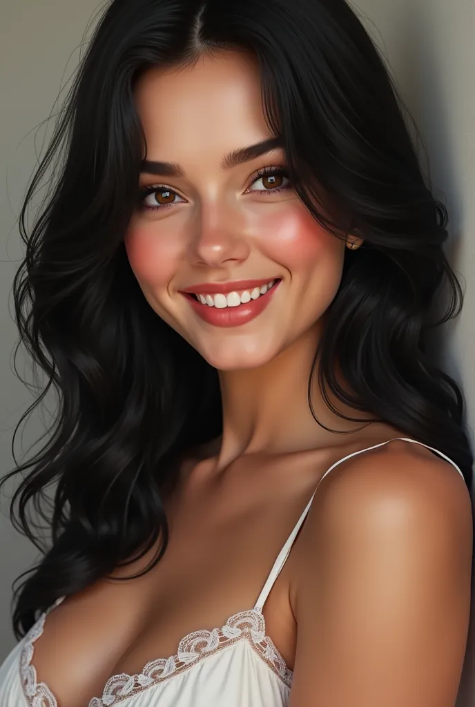 Russian woman in her 20s , realistic style, Big breasts, dimples on face , smiling image showing dimples, black hair , 