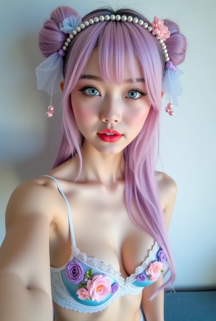 Beautiful Asian woman, 18 years.
Open chest, no buttoned shirt, Very large chest, size 45 inches,

 A beautiful young woman with fair skin and delicate features takes a selfie in an elegant fantasy-inspired outfit. She has soft pastel pink hair styled in t...